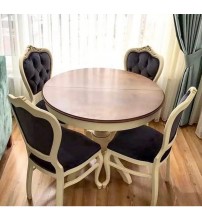 Masifart Jaen 100 cm Yuvarlak Baba Ayak Masa + 4 Sandalye Takımı Oymalı