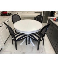 Masifart kleape 100 cm Yuvarlak Baba Ayak Masa + 4 Adet Hasırlı Sandalye Takımı