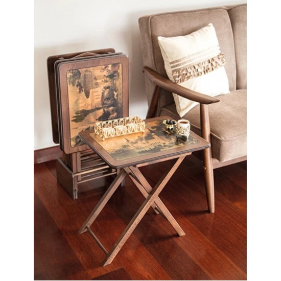 Masifart Çanta Zigon Sehpa Resimli Desenli 4`lü Ceviz