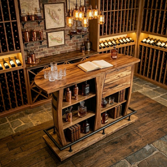 Masifart Mondavi Şarap Fıçısı Tablalı Mini Bar İkili Yarımay