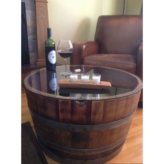 Masifart Şarap Fıçısı Yarım Camlı Yuvarlak Yan sehpa