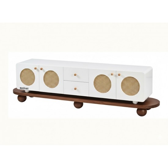 Masifart Culina Hasırlı Çekmeceli Yuvarlak Tv Ünitesi Cilasız Ham